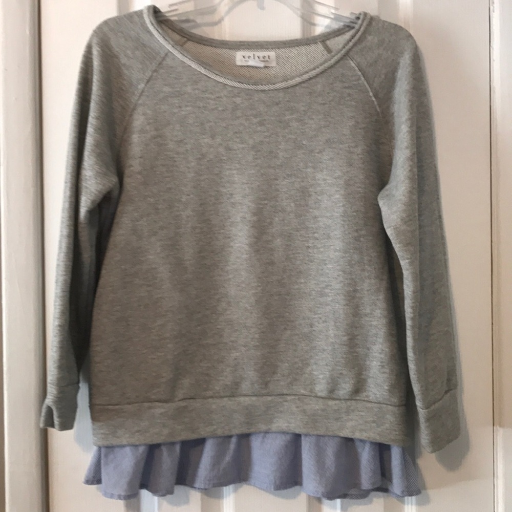 Velvet grey sweatshirt w ruffle blouse on bttm - Picture 2 of 5